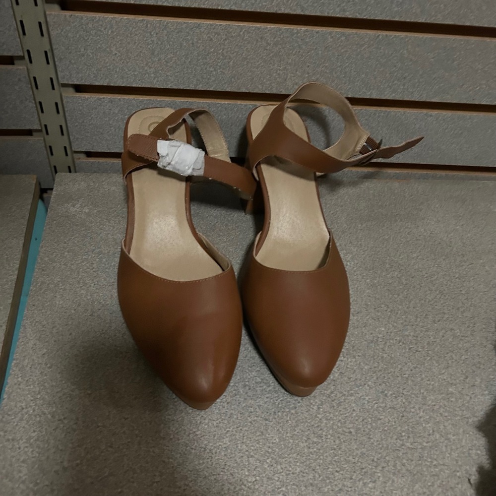 Comfort Ankle Strap Heels Women's Shoes Pointed Toe Stacked Block‎ Heel Tan 10M